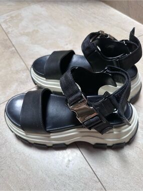 Prada Black and White Platform Sport Sandals, Size 37 1/2.